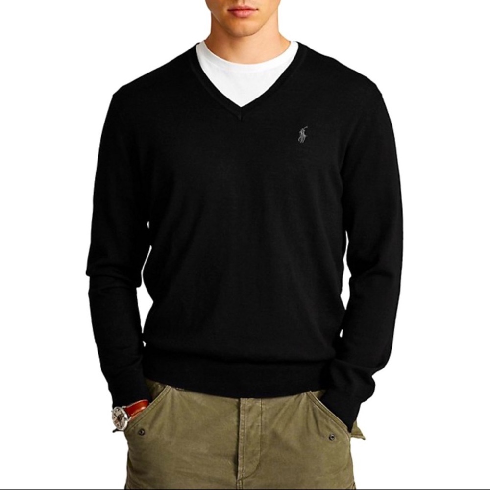 Polo Ralph Lauren Men’s Wool Black V-Neck Sweater Small Merino Pullover New